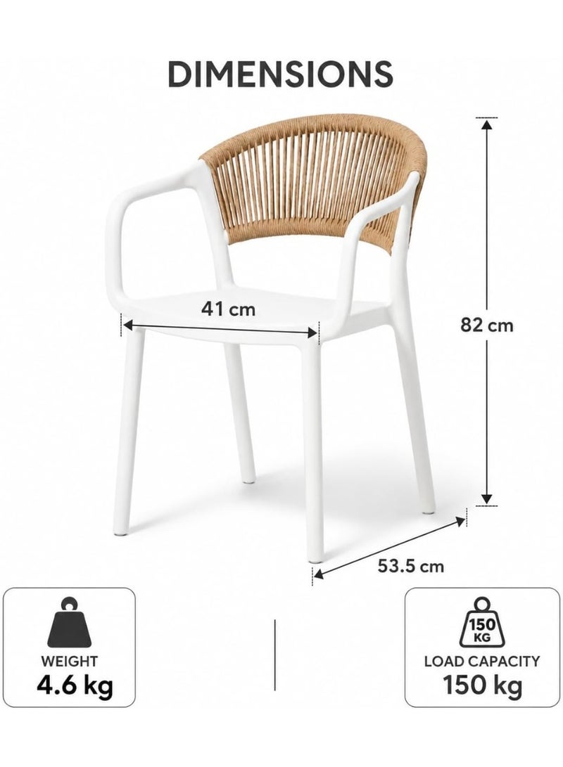 Marcolo Chair with Arms, Outdoor Plastic Dining Armchair, Weather & UV Resistant Patio Chair for Balcony, Garden, Kitchen & Indoor Outdoor Use, Modern Rope-Style Design, 41x53.5x82cm (White) - Image 2