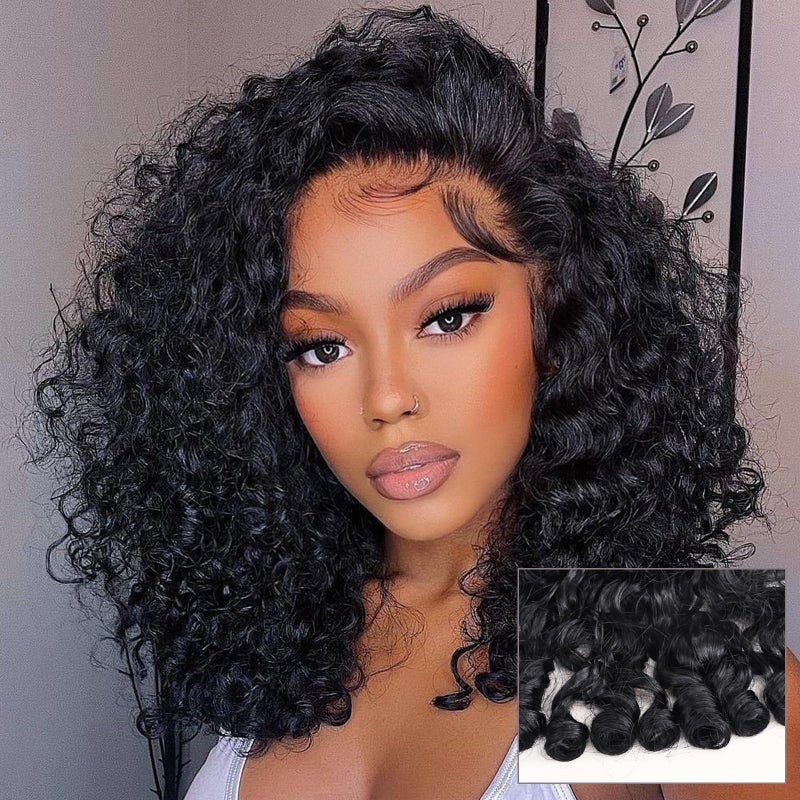 ijoy Burmese Curly Human Hair Wig with Spiral Curls End, 13x4 Lace Front Bob Wigs Tiny Body Wave 180 Density Pre Plucked Brazilian Tiny Knots 14 Inch Lace Frontal Wig Black Blend Curly - Image 1