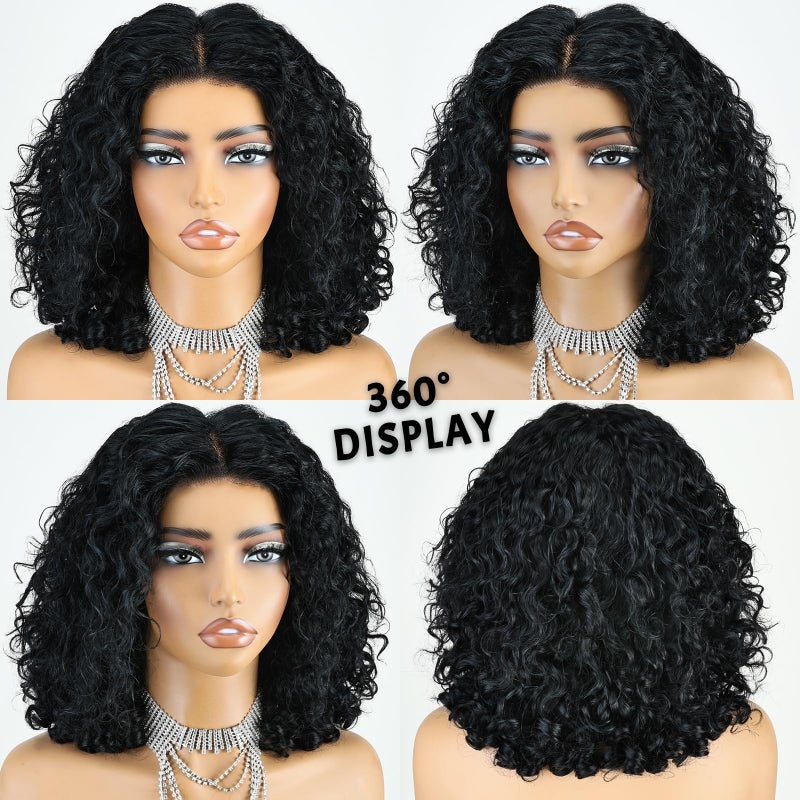 ijoy Burmese Curly Human Hair Wig with Spiral Curls End, 13x4 Lace Front Bob Wigs Tiny Body Wave 180 Density Pre Plucked Brazilian Tiny Knots 14 Inch Lace Frontal Wig Black Blend Curly - Image 3