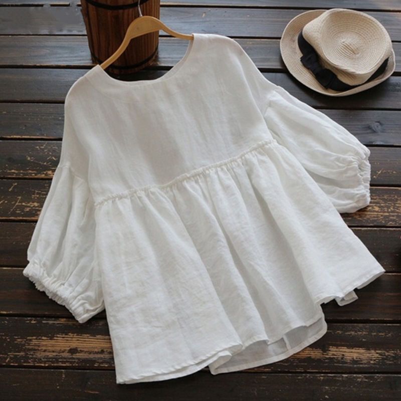 Women's Cotton Linen Lantern Sleeve Blouse - Image 4