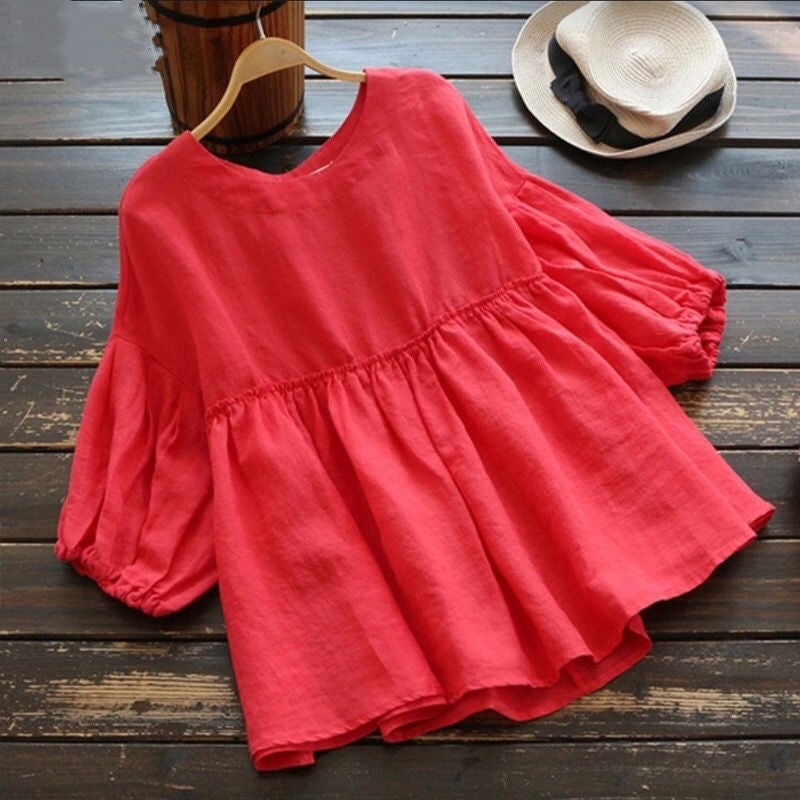 Women's Cotton Linen Lantern Sleeve Blouse - Image 2