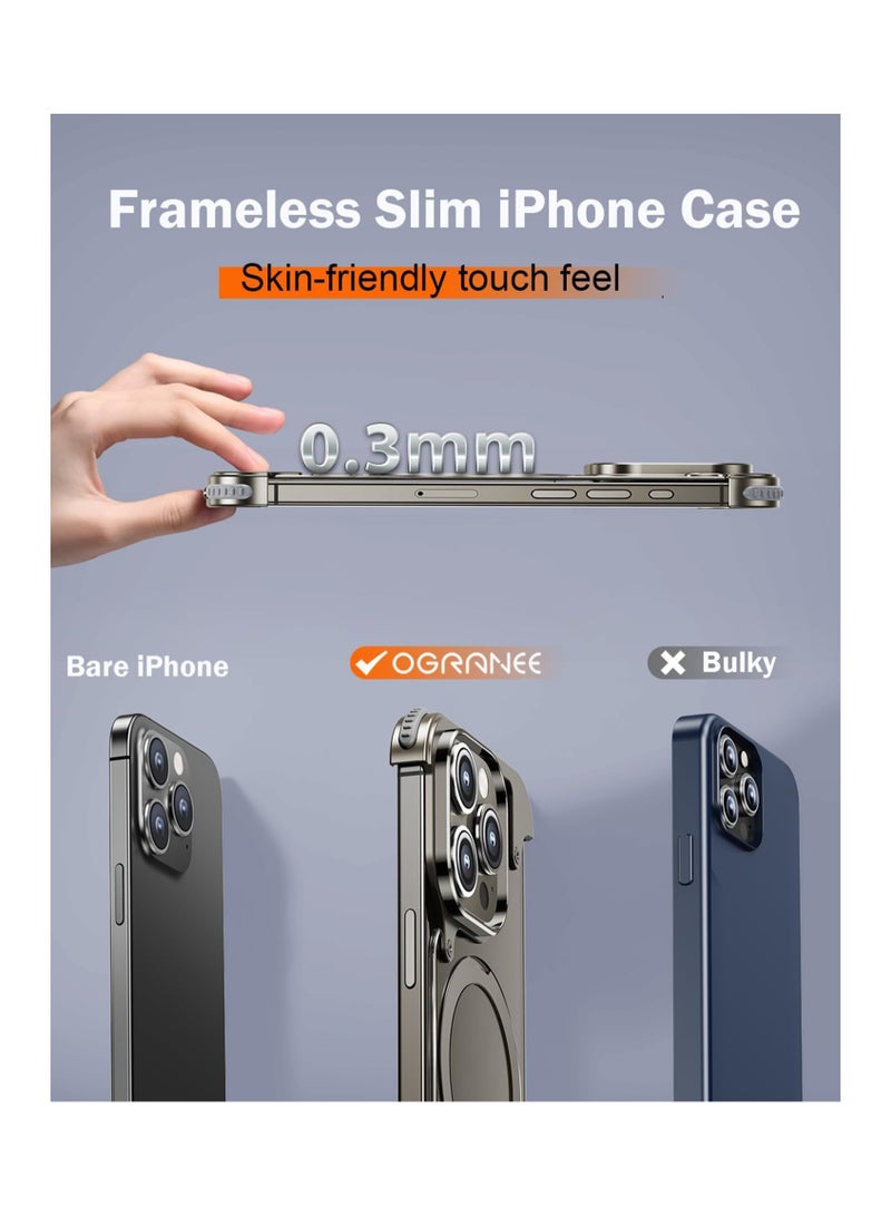 Excefore Metal Frameless Case for iPhone 15 Promax with Magsafe Kickstand [Screen Protector], Slim Hard Shockproof Thin for iPhone 15 Pro Max Case with Ring Holder Invisible Stand, Natural Titanium - Image 3