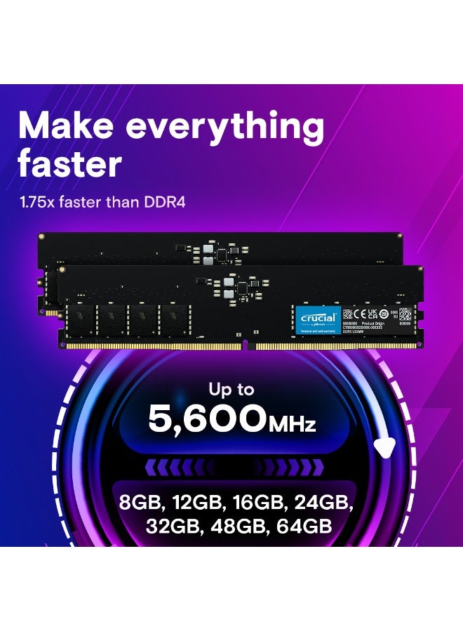 كروشيال ذاكرة RAM سطح المكتب DDR5 سعة 32 جيجابايت بتردد 5600 ميجاهرتز، CL46 1.1 فولت، غير مخزنة، غير ECC، مزدوجة الرتبة، دعم XMP 3.0 و AMD EXPO، ECC على الشريحة، 288 دبوس، معيار JEDEC، شريحة ميكرون | CT32G56C46U5 - Image 3