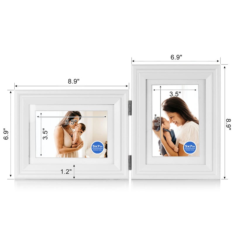 Tamolus 5X7 Double Wooden Hinged Picture Frame Horizontal and Vertical in White  Display 4x6 with Mat or 5x7 without Mat  Folding Photo Frame with Real Glass Front for Tabletop X2-BAI-HS57 - Image 2