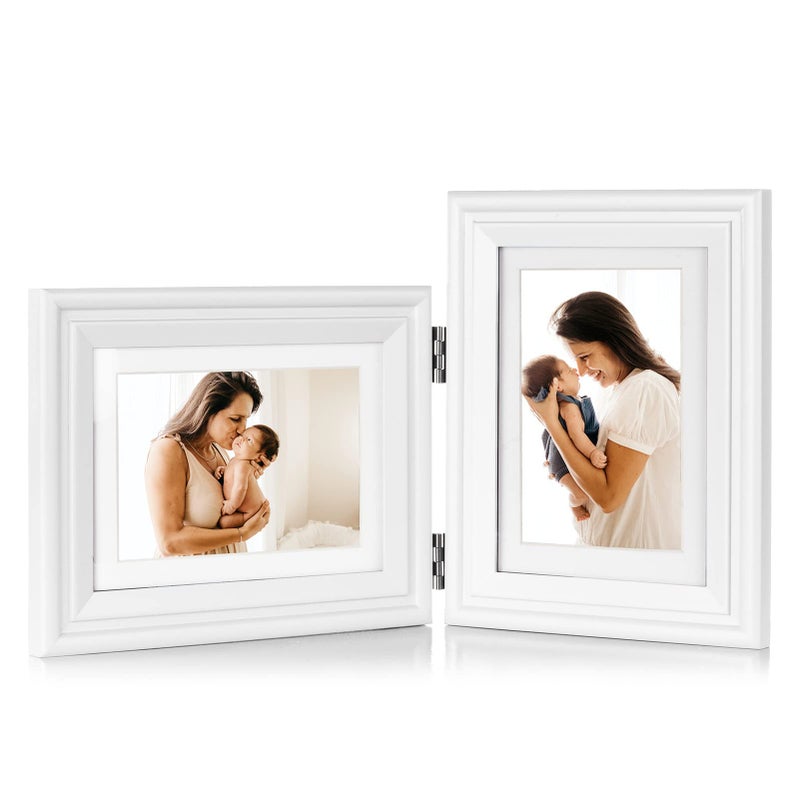 Tamolus 5X7 Double Wooden Hinged Picture Frame Horizontal and Vertical in White  Display 4x6 with Mat or 5x7 without Mat  Folding Photo Frame with Real Glass Front for Tabletop X2-BAI-HS57 - Image 1