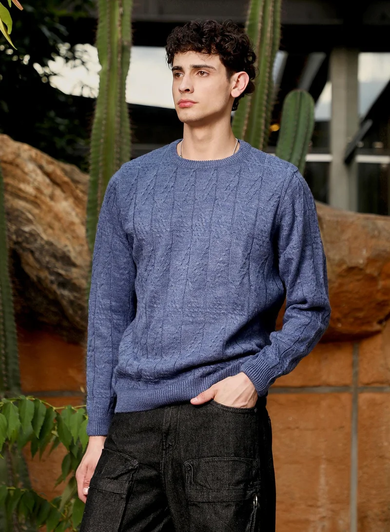 كامبوس سوترا Campus Sutra Men's Aegean Blue Abstract-Jacquard Knit Pullover Sweater | Round Neck , Ribbed Cuff Sleeves , Pull On Closure , Ribbed-Straight Hem | Solid Jacquard For Casual & Daily Wear