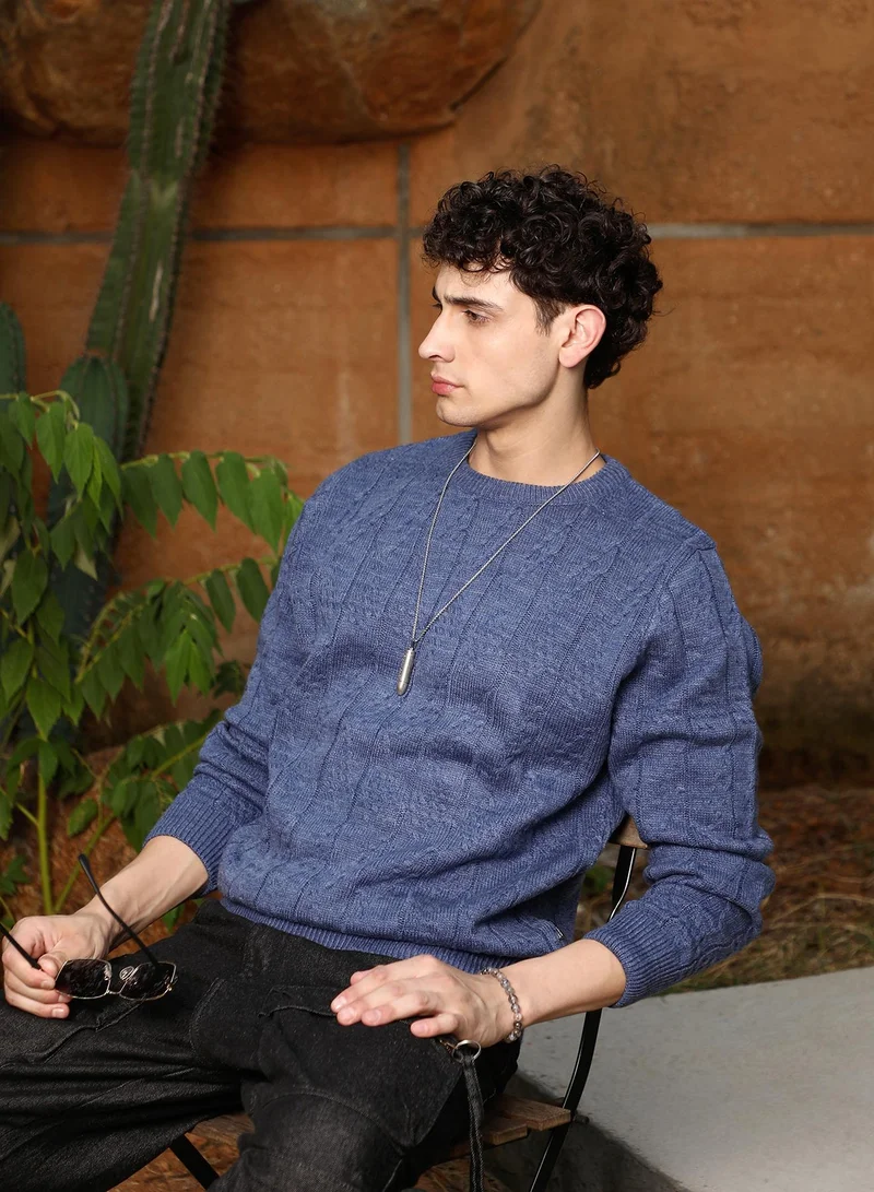 Campus Sutra Campus Sutra Men's Aegean Blue Abstract-Jacquard Knit Pullover Sweater | Round Neck , Ribbed Cuff Sleeves , Pull On Closure , Ribbed-Straight Hem | Solid Jacquard For Casual & Daily Wear