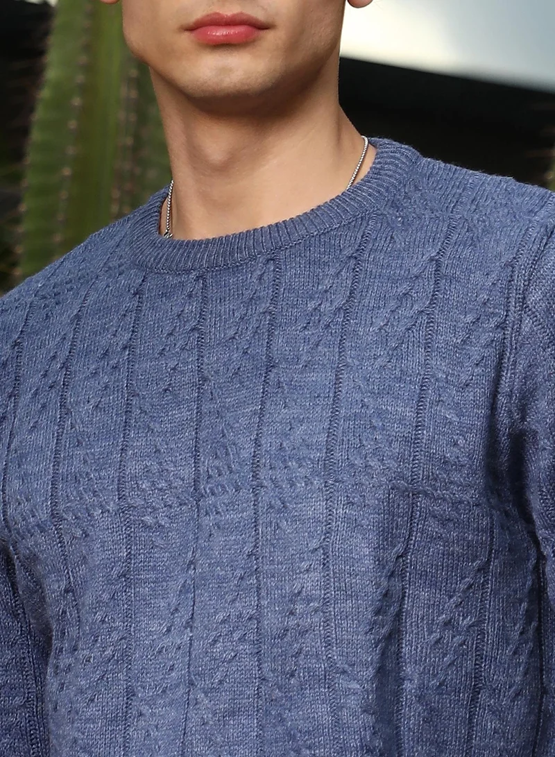 كامبوس سوترا Campus Sutra Men's Aegean Blue Abstract-Jacquard Knit Pullover Sweater | Round Neck , Ribbed Cuff Sleeves , Pull On Closure , Ribbed-Straight Hem | Solid Jacquard For Casual & Daily Wear