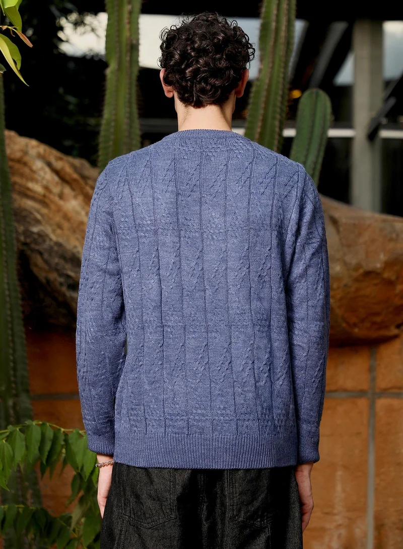 كامبوس سوترا Campus Sutra Men's Aegean Blue Abstract-Jacquard Knit Pullover Sweater | Round Neck , Ribbed Cuff Sleeves , Pull On Closure , Ribbed-Straight Hem | Solid Jacquard For Casual & Daily Wear