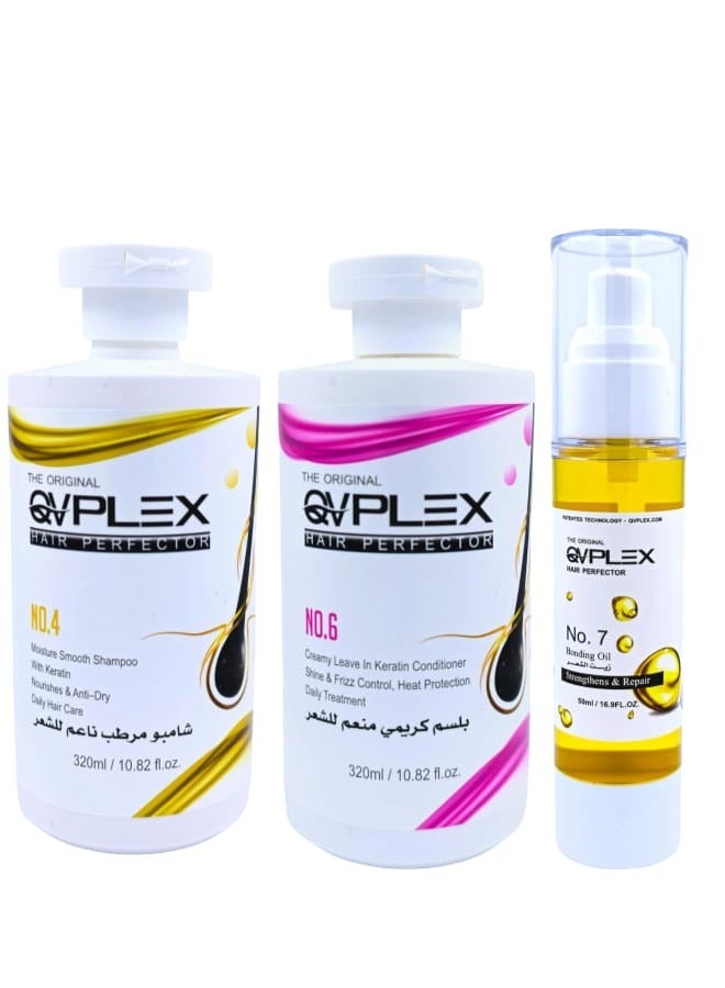 QVPLEX Moisture Smooth Shampoo + Creamy Leave in Keratin Conditioner + Bonding Oil for Strengthens and Repair - Image 1