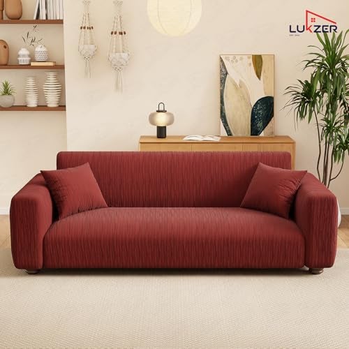 Lukzer 3 Seater Sofa Cover - Pastel Deep Maroon Wavy Stripes Pattern | 220 GSM Universal Textured Polyester Fabric Couch Protector | Anti Slip & Washable Sofa Slipcover | (180-230cm/SC-148-03) - Image 4