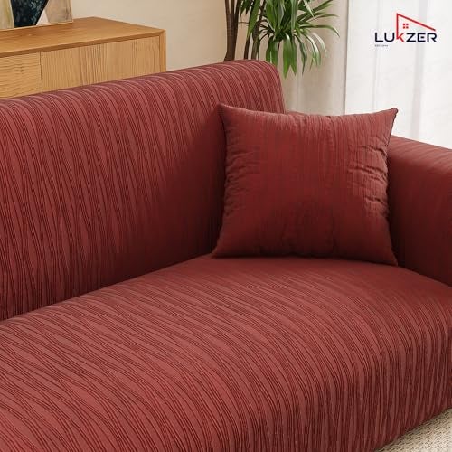 Lukzer 3 Seater Sofa Cover - Pastel Deep Maroon Wavy Stripes Pattern | 220 GSM Universal Textured Polyester Fabric Couch Protector | Anti Slip & Washable Sofa Slipcover | (180-230cm/SC-148-03) - Image 5