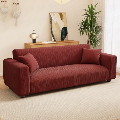 Lukzer 3 Seater Sofa Cover - Pastel Deep Maroon Wavy Stripes Pattern | 220 GSM Universal Textured Polyester Fabric Couch Protector | Anti Slip & Washable Sofa Slipcover | (180-230cm/SC-148-03) - Image 3