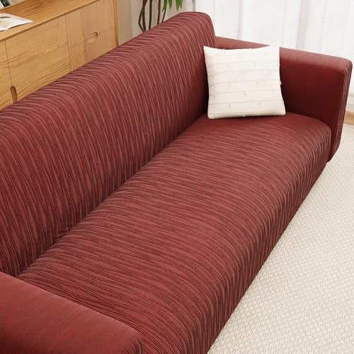 Lukzer 3 Seater Sofa Cover - Pastel Deep Maroon Wavy Stripes Pattern | 220 GSM Universal Textured Polyester Fabric Couch Protector | Anti Slip & Washable Sofa Slipcover | (180-230cm/SC-148-03) - Image 1