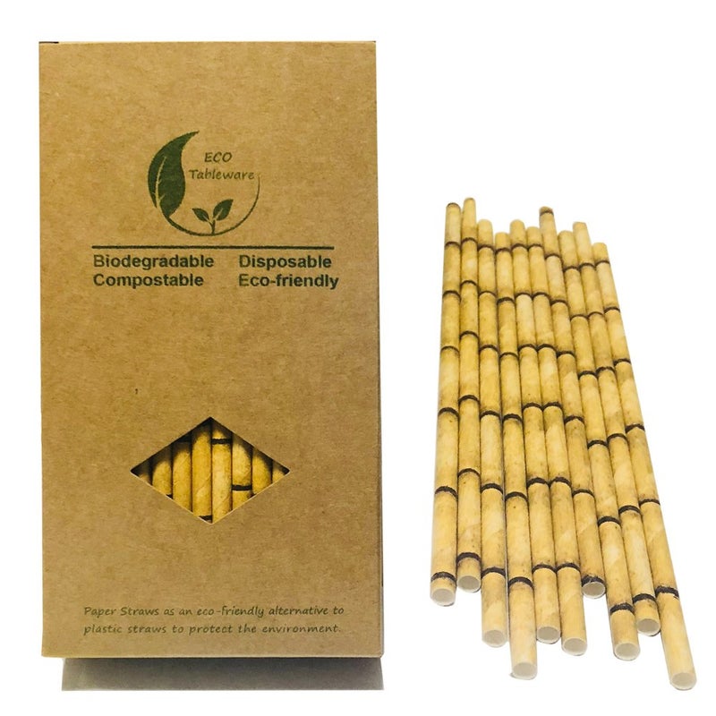 BOFA Eco Tableware Biodegrabale Yellow Bamboo Drinking Straws  Disposable Yellow Bamboo Printed Paper Straw for Party Cocktail Decoration  Pack of 100 - Image 1