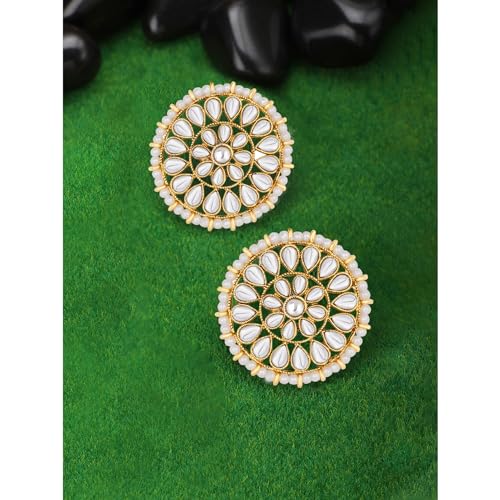 Peora White 18k Gold Plated Kundan Beads Studed Round Stud Earrings for Girls & Women - Image 2