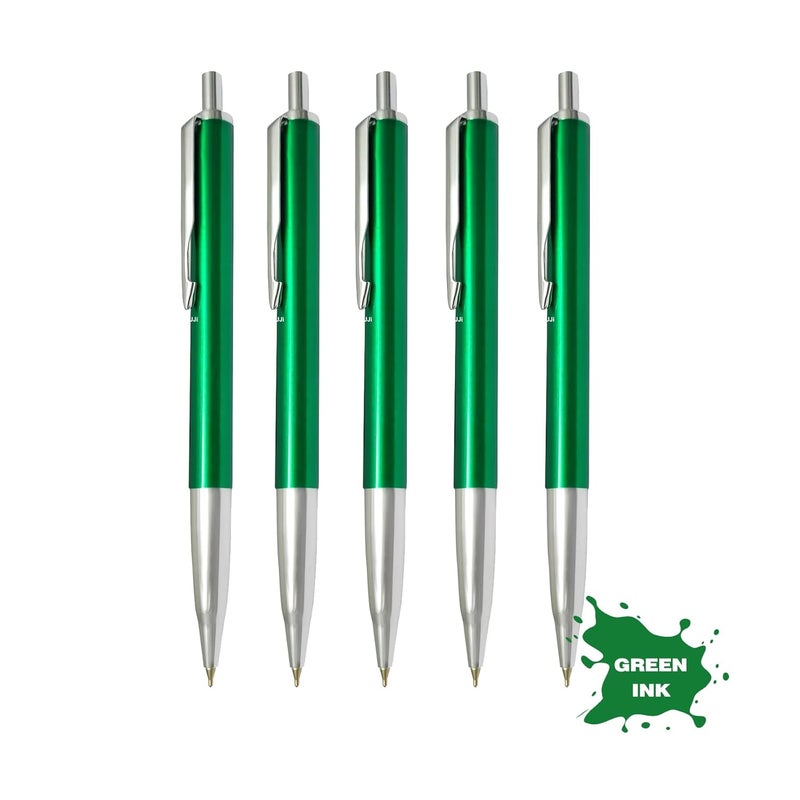 UJJi Metal Ballpoint Pens, Green Ink, Retractable with Silver Trim, Pack of 5, Professional Executive Style - Image 3