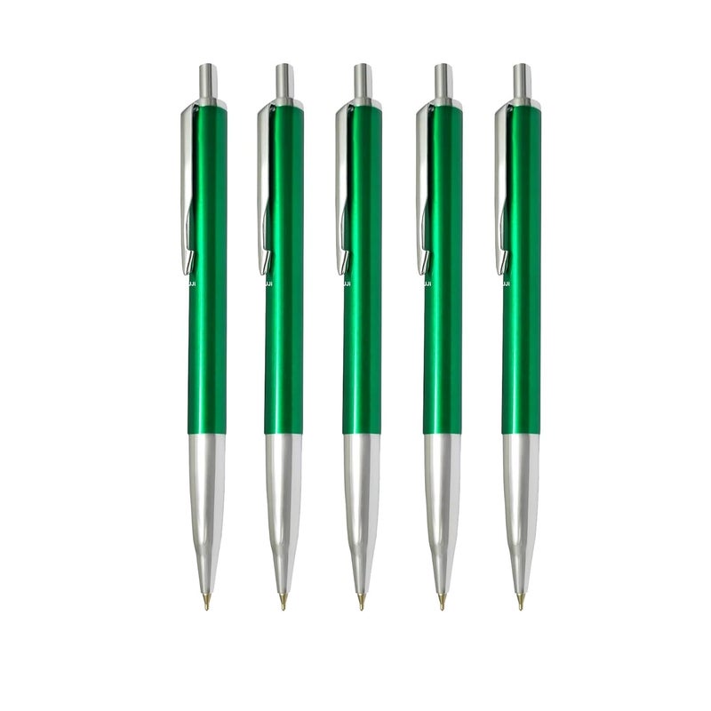 UJJi Metal Ballpoint Pens, Green Ink, Retractable with Silver Trim, Pack of 5, Professional Executive Style - Image 1