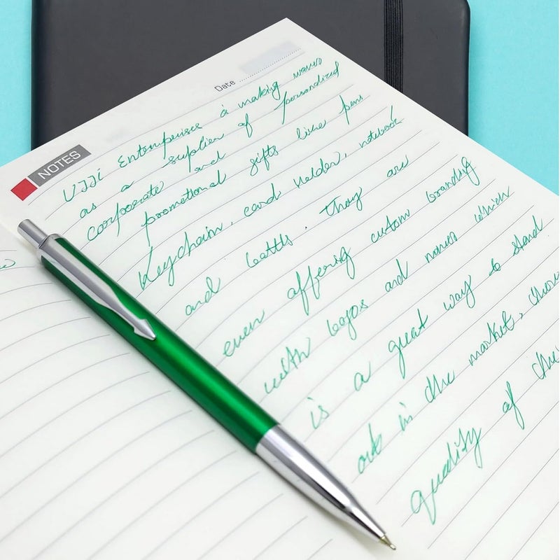 UJJi Metal Ballpoint Pens, Green Ink, Retractable with Silver Trim, Pack of 5, Professional Executive Style - Image 2