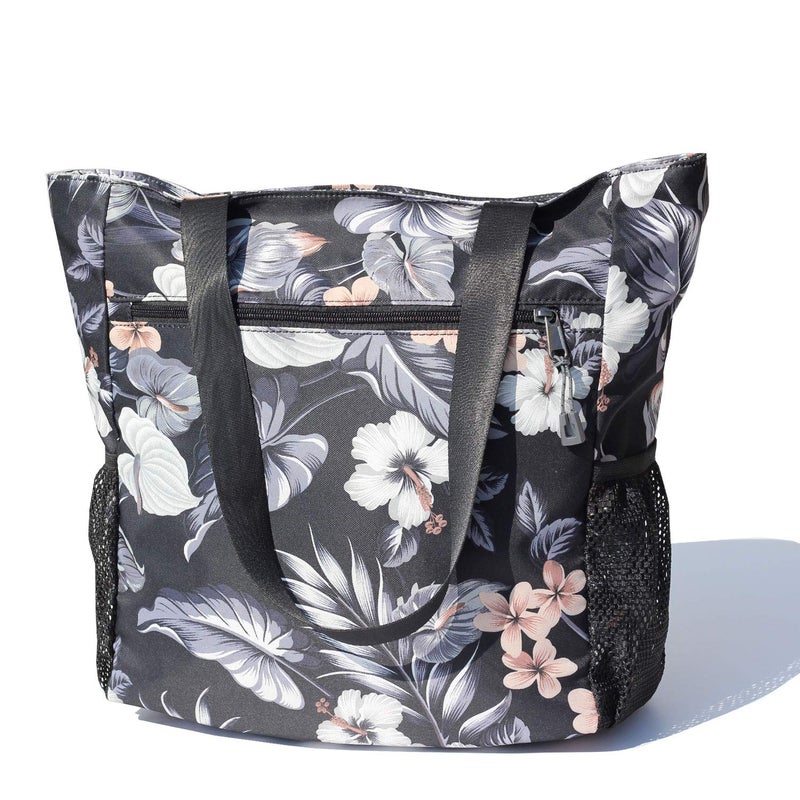 ESVAN Original Floral Water Resistant Tote Bag Large Shoulder Bag with Multi Pockets for Gym Hiking Picnic Travel Beach Daily Bags (Black Gray Leaf) - Image 5