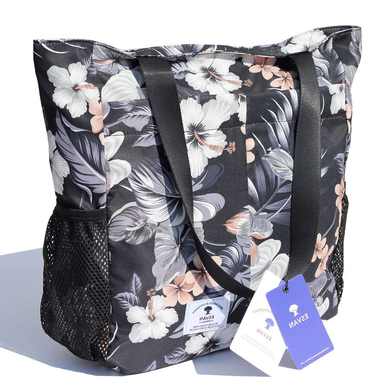 ESVAN Original Floral Water Resistant Tote Bag Large Shoulder Bag with Multi Pockets for Gym Hiking Picnic Travel Beach Daily Bags (Black Gray Leaf) - Image 3