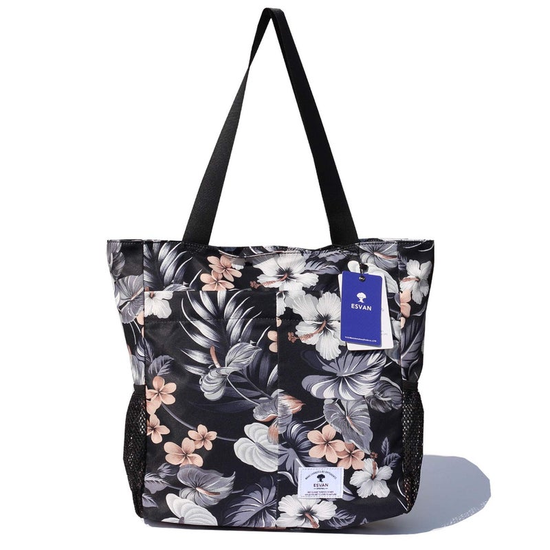 ESVAN Original Floral Water Resistant Tote Bag Large Shoulder Bag with Multi Pockets for Gym Hiking Picnic Travel Beach Daily Bags (Black Gray Leaf) - Image 4