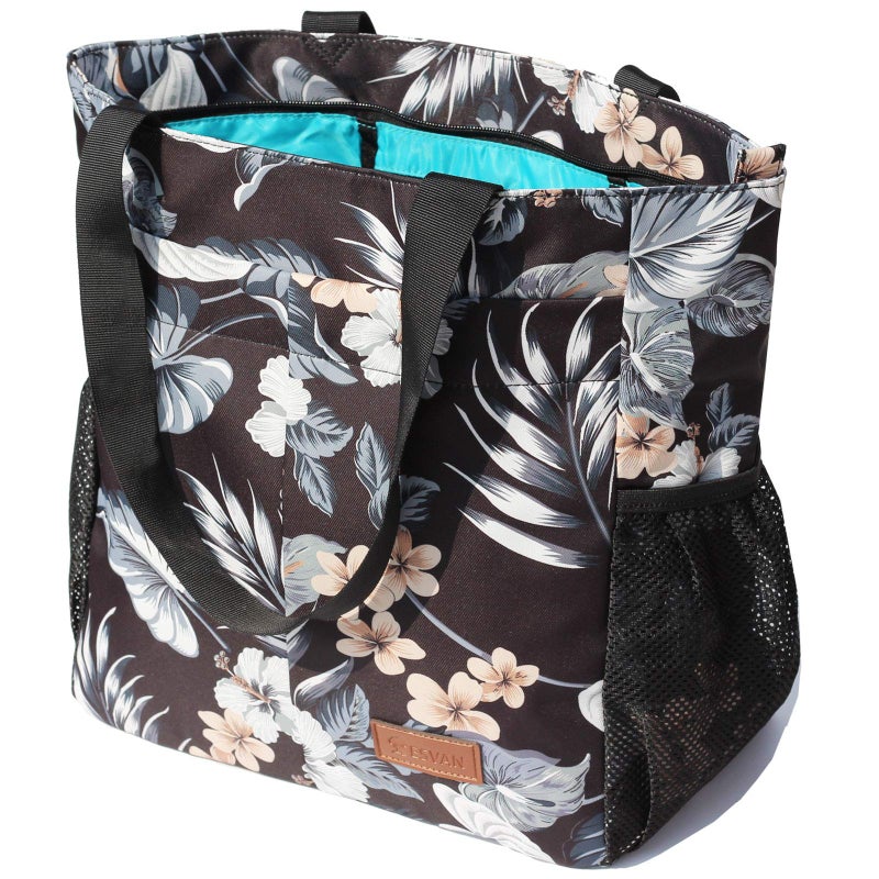 ESVAN Original Floral Water Resistant Tote Bag Large Shoulder Bag with Multi Pockets for Gym Hiking Picnic Travel Beach Daily Bags (Black Gray Leaf) - Image 1