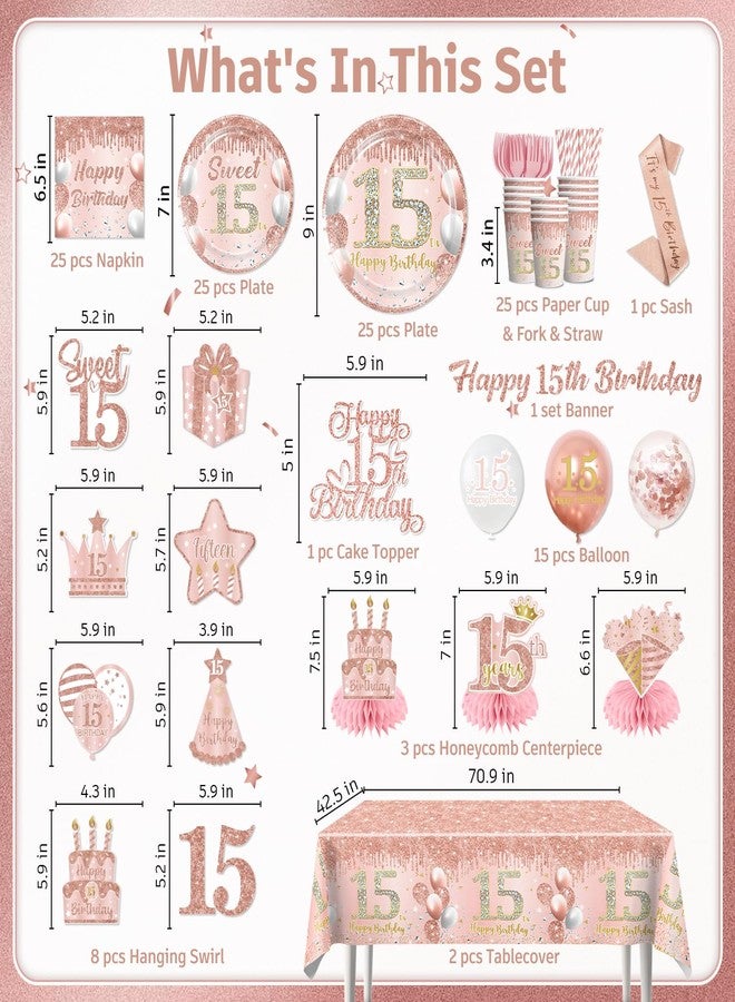 cocomigo 181pcs 15th Birthday Decorations for Girls, Serves 25 Guests, 15 birthday decorations for girls, include Banner, Hanging Swirls, Sash, Cake Topper, Balloons, Plates, Napkins, Tablecloths, etc - Image 2