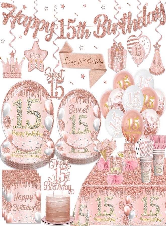 cocomigo 181pcs 15th Birthday Decorations for Girls, Serves 25 Guests, 15 birthday decorations for girls, include Banner, Hanging Swirls, Sash, Cake Topper, Balloons, Plates, Napkins, Tablecloths, etc - Image 1