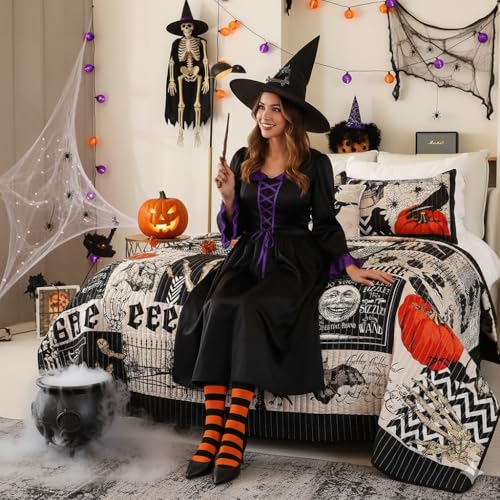 EVENHUG Halloween Quilt Set King Size Bedspread with Pillow Shams Festival Themed Bedding Sets Pumpkin Ghost Coverlet 4 Piece (104"x90") - Image 2