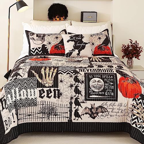 EVENHUG Halloween Quilt Set King Size Bedspread with Pillow Shams Festival Themed Bedding Sets Pumpkin Ghost Coverlet 4 Piece (104"x90") - Image 4