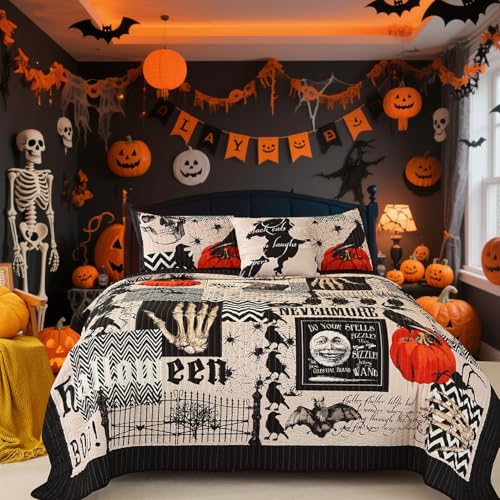 EVENHUG Halloween Quilt Set King Size Bedspread with Pillow Shams Festival Themed Bedding Sets Pumpkin Ghost Coverlet 4 Piece (104"x90") - Image 1