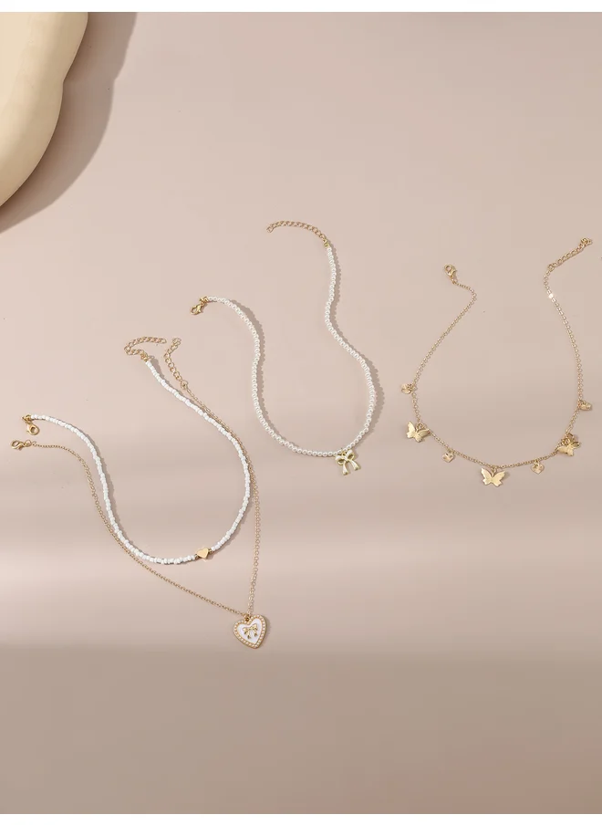 تايك تو Take Two Set of 4 - Bow Pendant Faux Pearl Necklace