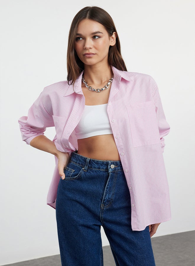 trendyol Pink Striped Oversize Woven Shirt - Image 5