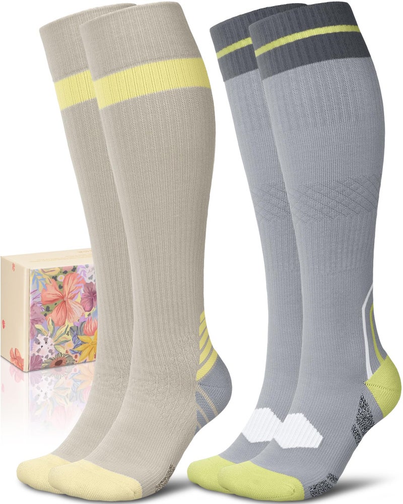 CTHH Thick Cotton Compression Socks for Women 8-15mmHg Cute Knee High Socks Support for Running, Travel, Nurse, Pregnancy, 02- Beige/Light Grey, 6-12 - Image 1