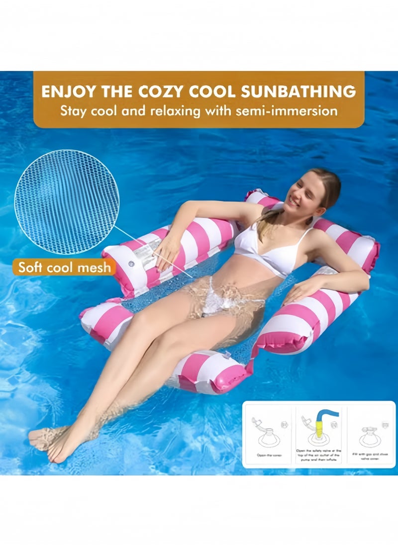 Inflatable Pool Float Chair Lounge for Adults and Kids Floating,Stripe Pattern Float Hammock for Pool Party Summer Water Fun, Pink