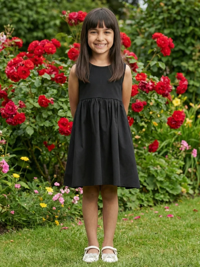 globus Globus Girls Black Round Neck Sleeveless Solid Gathered Detail Fit & Flare Mini Party Dress