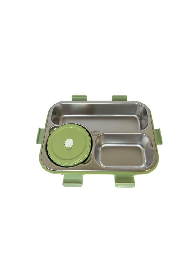 TAJ BAZAAR HOT CASE Stainless Steel Bento Lunch Box, 3-Compartment with Sauce Container, Leakproof, 22.5 x 16.5 x 7 cm, Green Colour - Image 2