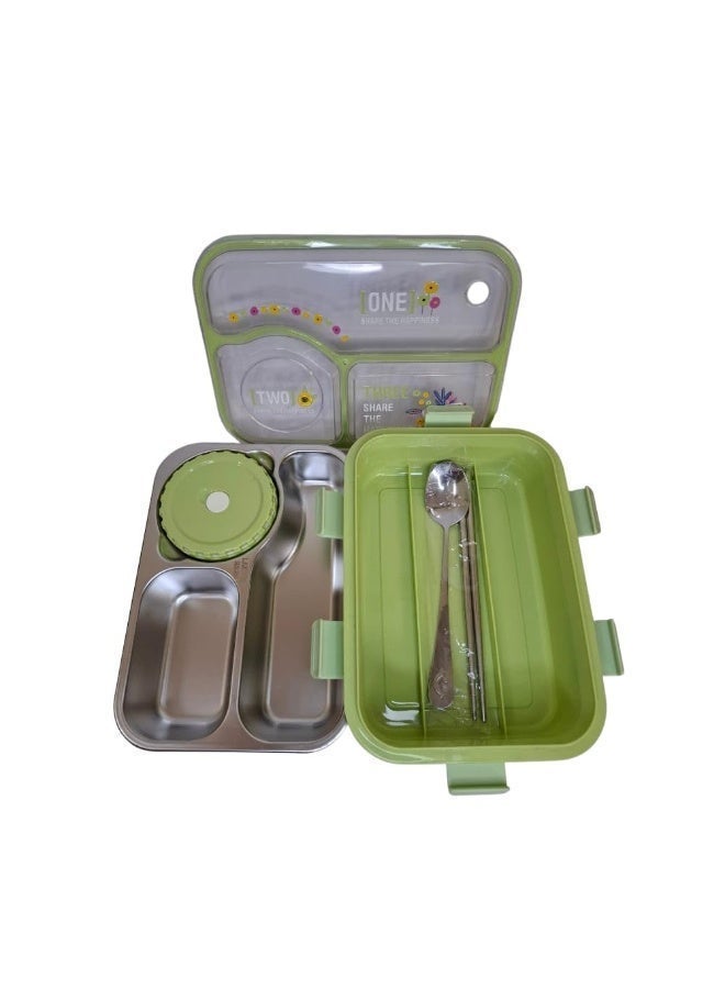 TAJ BAZAAR HOT CASE Stainless Steel Bento Lunch Box, 3-Compartment with Sauce Container, Leakproof, 22.5 x 16.5 x 7 cm, Green Colour - Image 4