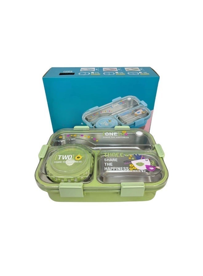 TAJ BAZAAR HOT CASE Stainless Steel Bento Lunch Box, 3-Compartment with Sauce Container, Leakproof, 22.5 x 16.5 x 7 cm, Green Colour - Image 3