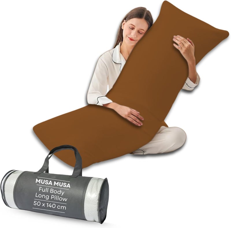 MUSA MUSA® Full Body Long Pillow with 300 Cotton TC - Breathable Polyester Filling, Pregnancy Pillow for Belly Support, Sleeping, Side Sleeper & Back Sleepers Maternity Pillow (Mocha, 50 x 140cm) - Image 1