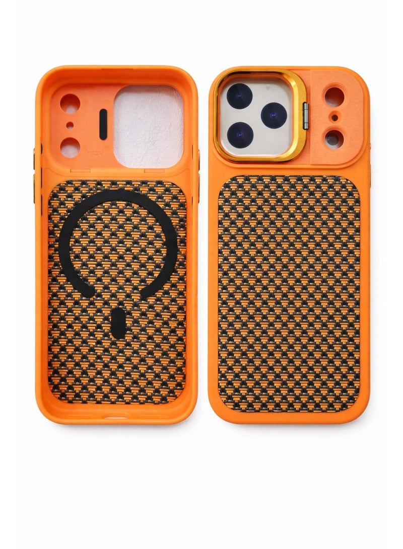 VR CREATIVE Premium Carbon Camera Stand Case for Apple iPhone 17 Pro Max with MagSafe & Sliding Camera Cover Design 1– Orange - Image 2