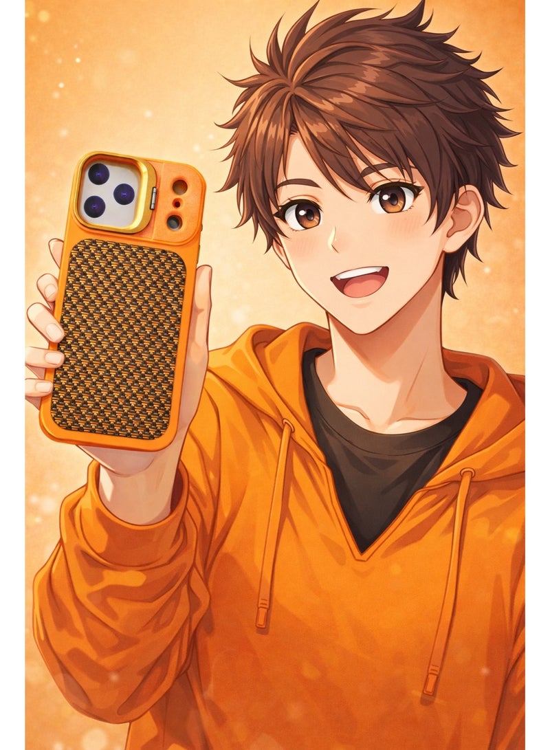 VR CREATIVE Premium Carbon Camera Stand Case for Apple iPhone 17 Pro Max with MagSafe & Sliding Camera Cover Design 1– Orange - Image 4