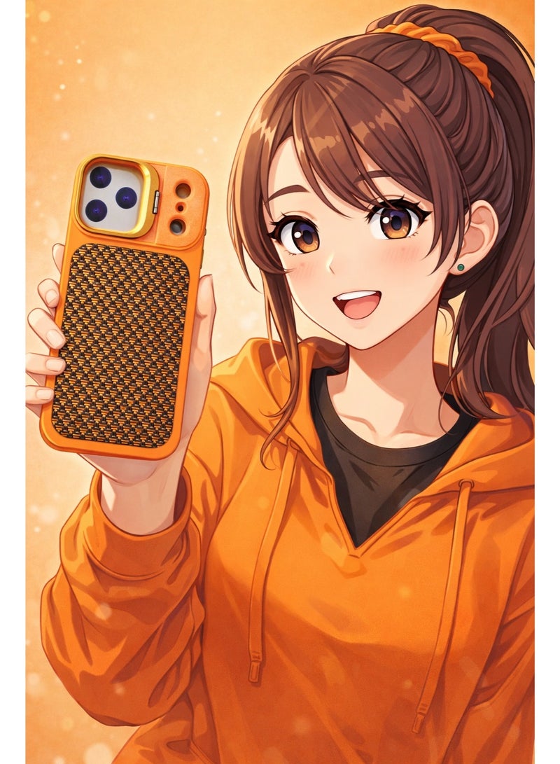 VR CREATIVE Premium Carbon Camera Stand Case for Apple iPhone 17 Pro Max with MagSafe & Sliding Camera Cover Design 1– Orange - Image 3