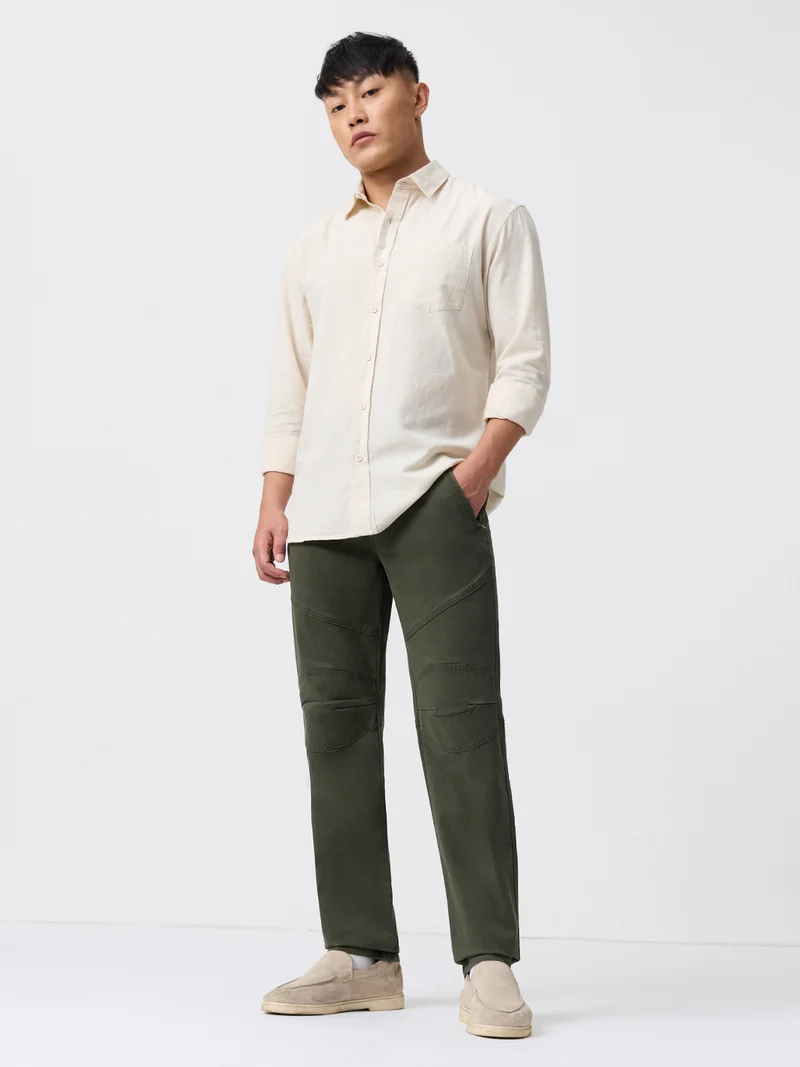 The Souled Store Aviator Pants: Dark Olive Mens and Boys Solid Cotton Elastane Blend Slim Fit Zippered Pockets Reinforced Knee Panels Trousers