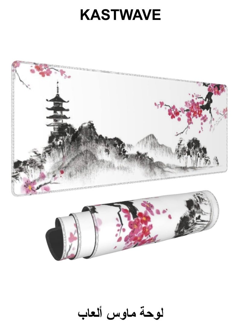 KASTWAVE Gaming Mouse Pad Black and White Plum Bossom Cherry Blossom, Extended Large Mouse Mat Desk Pad, Stitched Edges Mousepad, Long Non-Slip Rubber Base Mice Pad (31.5x11.8x0.12 Inch, A1) - Image 1