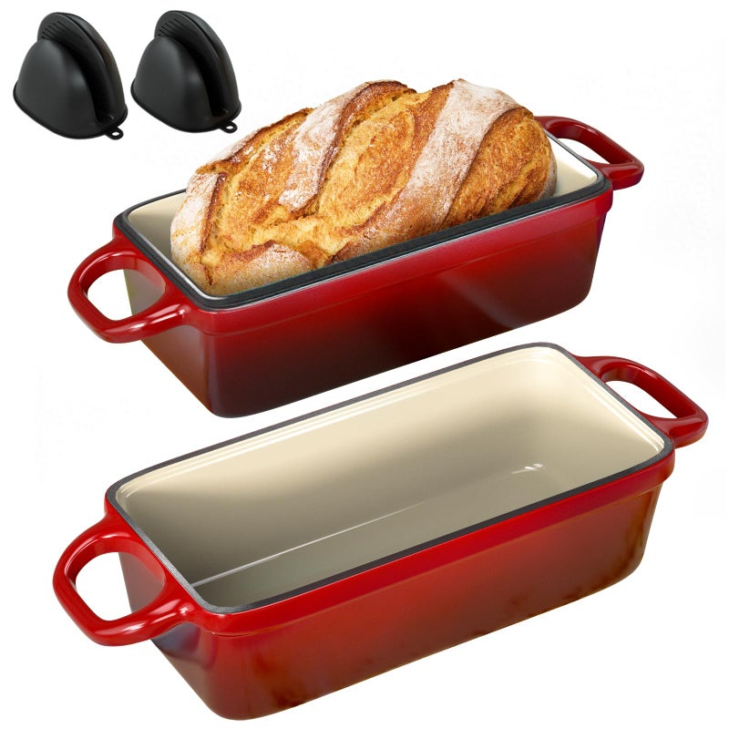 BIGFIT قالب خبز من الحديد الزهر 2 في 1 مع غطاء، 3.4QT 9x5 بوصة فرن هولندي لخبز الخبز، فرن خبز بتسخين متساوٍ، قالب خبز مينا لخبز الخبز الحامض المنزلي والطهي المتنوع، أحمر - Image 1