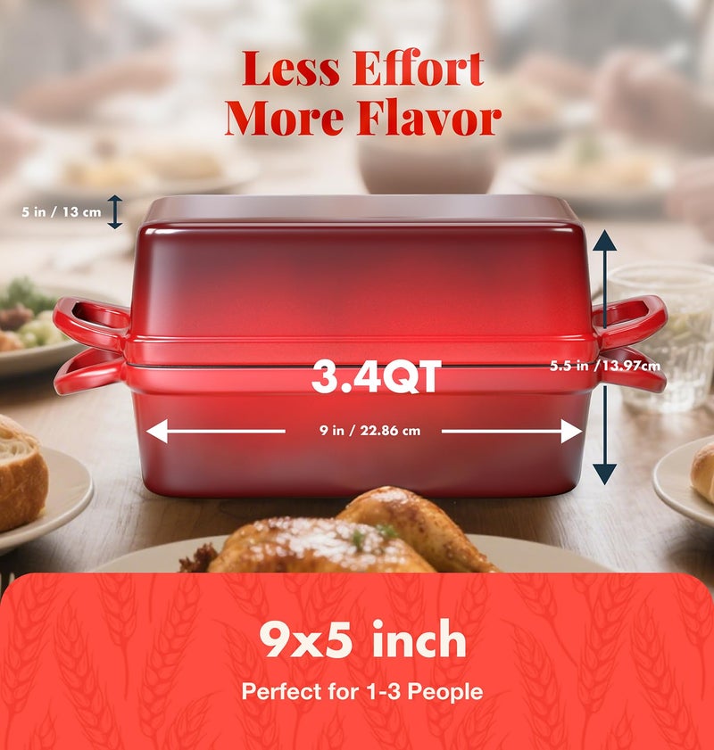 BIGFIT قالب خبز من الحديد الزهر 2 في 1 مع غطاء، 3.4QT 9x5 بوصة فرن هولندي لخبز الخبز، فرن خبز بتسخين متساوٍ، قالب خبز مينا لخبز الخبز الحامض المنزلي والطهي المتنوع، أحمر - Image 3