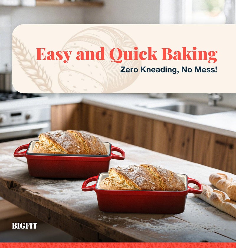 BIGFIT قالب خبز من الحديد الزهر 2 في 1 مع غطاء، 3.4QT 9x5 بوصة فرن هولندي لخبز الخبز، فرن خبز بتسخين متساوٍ، قالب خبز مينا لخبز الخبز الحامض المنزلي والطهي المتنوع، أحمر - Image 4