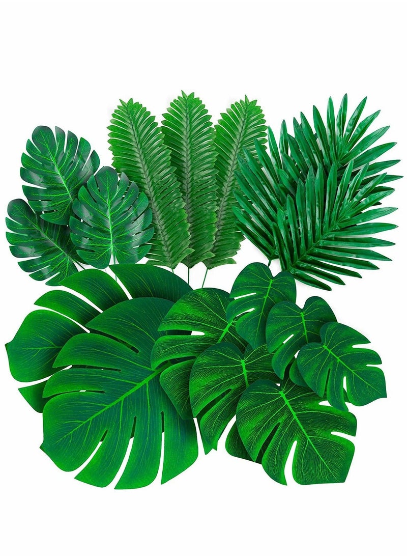 Generic Palm Leaves Artificial Tropical Monstera 84 Pcs 6 Kinds Large and Small Green Fake Leaf Decorations with Stems for Jungle Party Table Decoration Wedding Birthday Theme  - Image 1